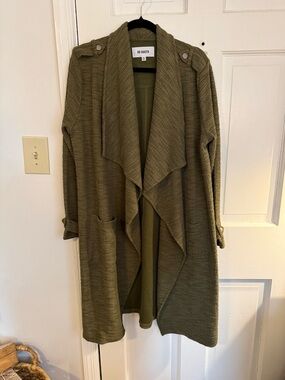 BB Dakota Olive Green Waterfall Open-Front Cardigan Trench Jacket with Epaulets
